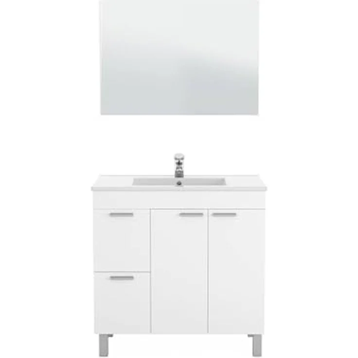Dmora - Lakewood Waschtischunterschrank, Badezimmerschrank, 2-türiger Kleiderschrank mit zwei Schubladen mit Spiegel, Waschbecken nicht im Lieferumfang enthalten, 80 x 45 x 80 cm, glänzendes Weiß – Bild 2