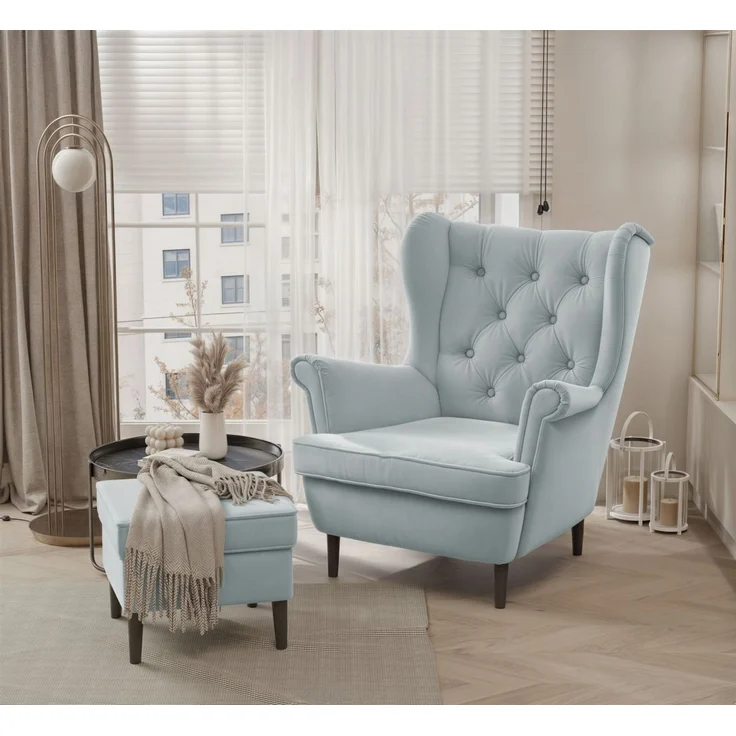 Sessel Ohrensessel NINON inkl. Hocker in Stoff Trinity Hellblau – Bild 1