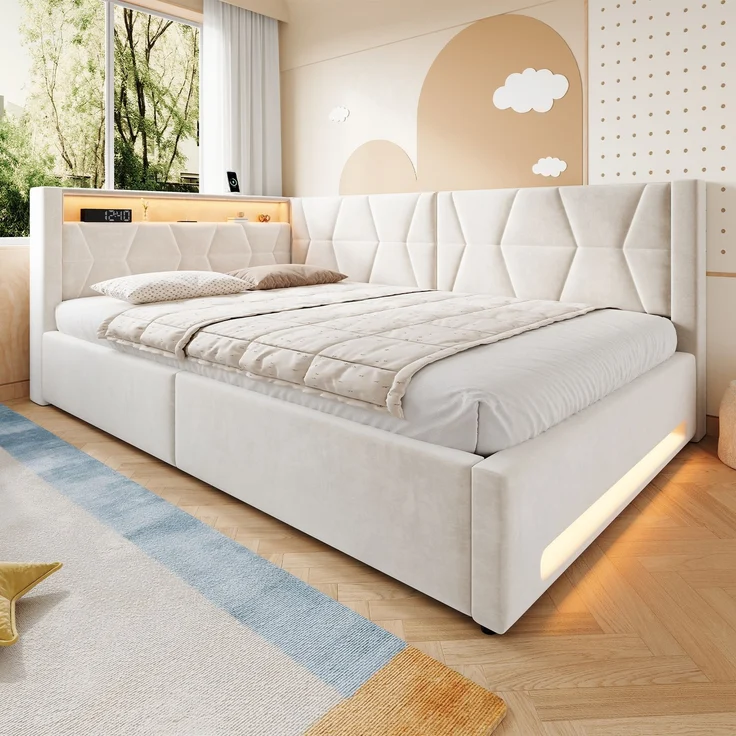 LVHOM Einzelbett 140x200 cm mit Stauraum, Polsterbett mit LED, USB und Type-C, Jugendbett, Hydraulischem Bettgestell, Samt, Beige – Bild 9