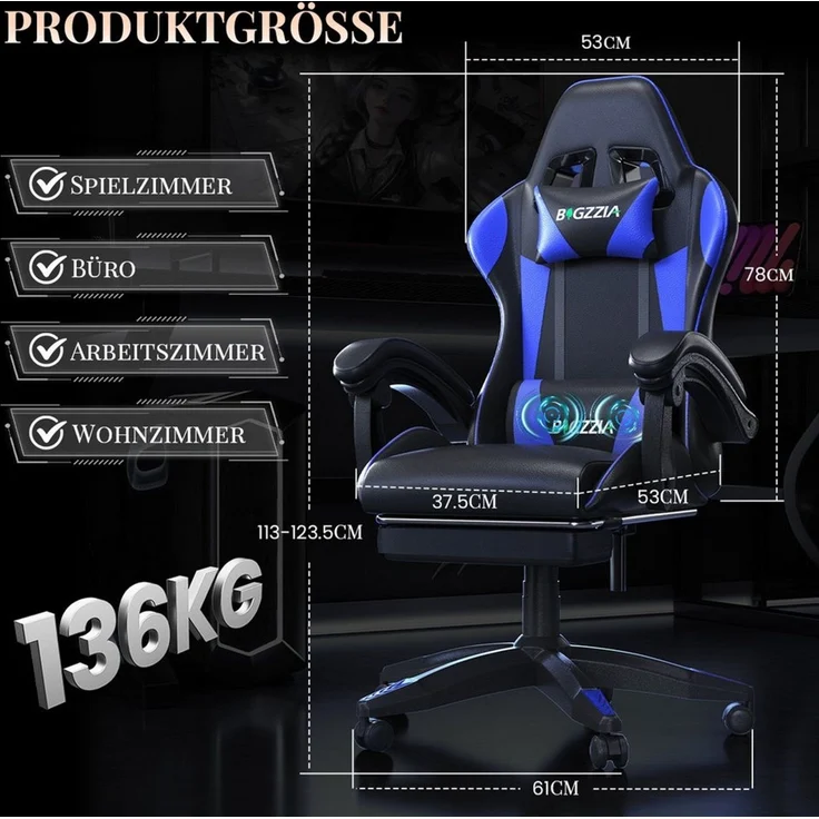 ZAISZE Gaming-Stuhl Schreibtischstuhl, Ergonomischer Bürostuhl mit Massagefunktion (PC Stuhl mit Fußstütze Kopfstütze Lendenkissen), Höhenverstellung Neigung 90°- 135°, für Gaming Arbeit Entspannung – Bild 2