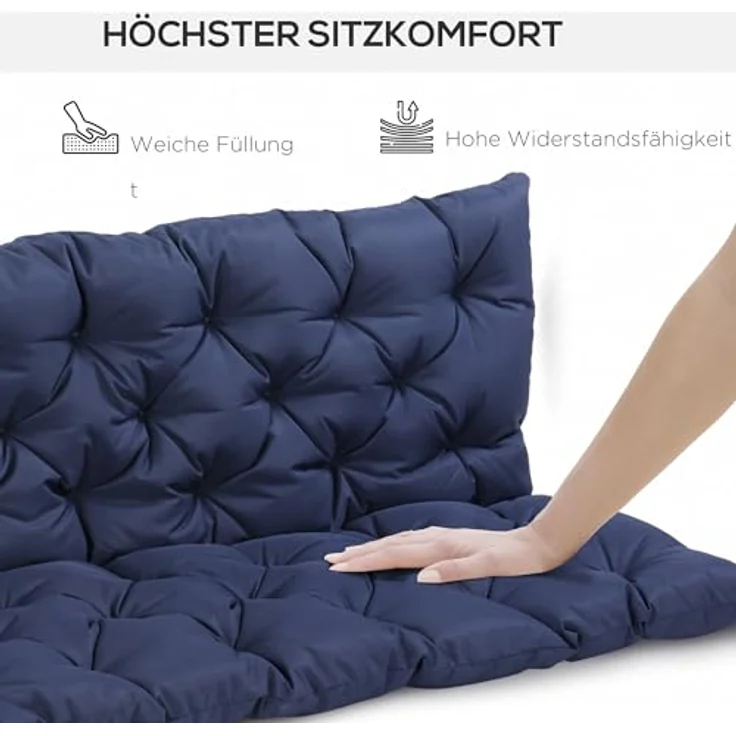 Outsunny Bankauflage 3 Sitzer, 150 x 98 x 8 cm, mit Bändern, Outdoor/Indoor, (Set, 1 St, 1 Sitzkissen), für Gartenmöbel, Fensterbank Sitzbank, Hollywoodschaukel, Blau – Bild 5