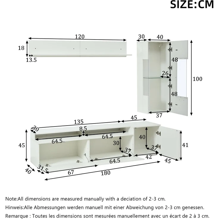 TV-Wohnwand 3-teilig 180x40x45 cm, Weiß Hochglanz mit LED, Vitrine und Wandregal – Bild 5