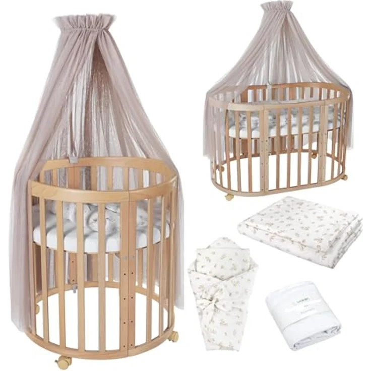 Waldin Oval Baby-Bett Mitwachsend Komplett Set 7in1, Gitterbett, Kinderbett mit Matratze, Wickelkommode, Beistellbett, Holz Natur, Stoffe Taupe Zweige – Bild 1