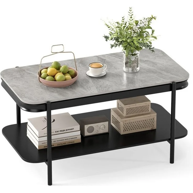 COSTWAY Couchtisch, rechteckig mit Stauraum, Marmor Wohnzimmertisch grau – Bild 4