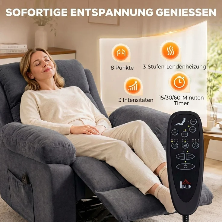 Wohnora-Relaxsessel Fernsehsessel 360° Drehbarer Massagesessel mit Wärme, Massage, Chenille-Optik, Dunkelgrau,H 1040cm x T 970cm x B 970cm – Bild 5
