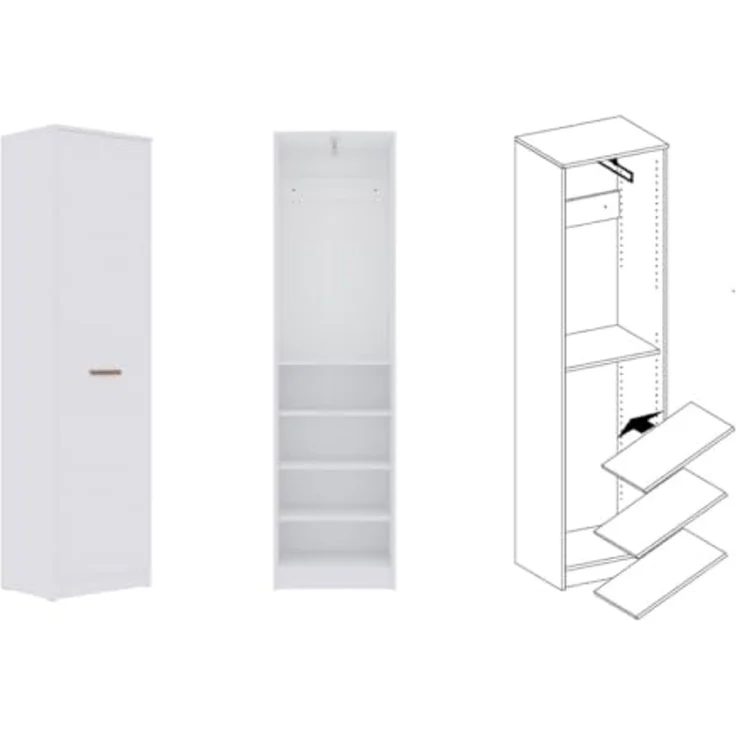 Marmex Möbel Grant 20/14B Kleiderschrank mit Aufsatz, Drehtürenschrank mit Einlegeböden und einer ausziehbaren Kleiderstange, laminierte Spanplatte, weiß, 52x235x40 cm – Bild 2