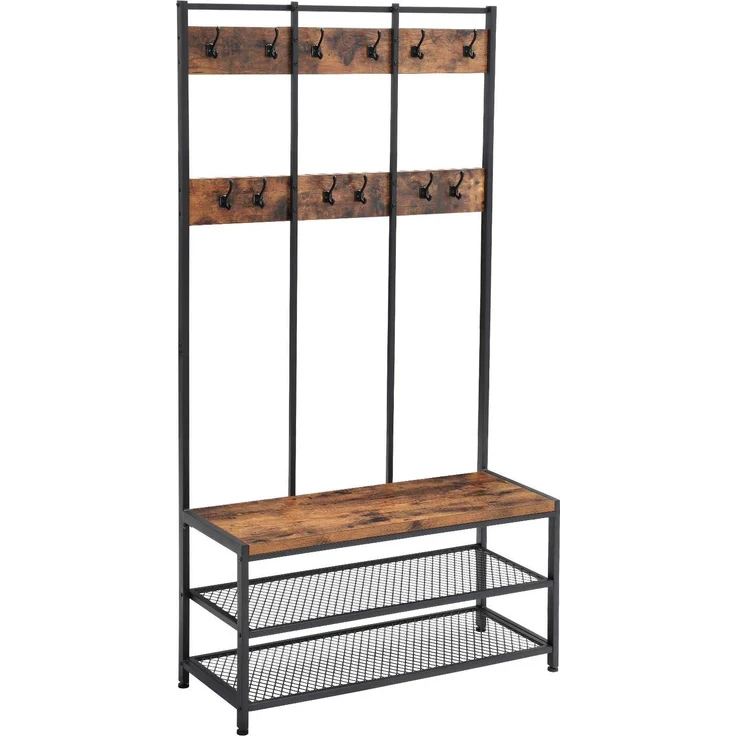 Vasagle große Garderobenständer mit Sitzbank im Industrie Design, Garderobe mit 12 Kleiderhaken und Schuhregal, Flurregal, Flur, Diele, Schlafzimmer, stabiles Eisengestell, 100kg, von Songmics, HSR86BX – Bild 1