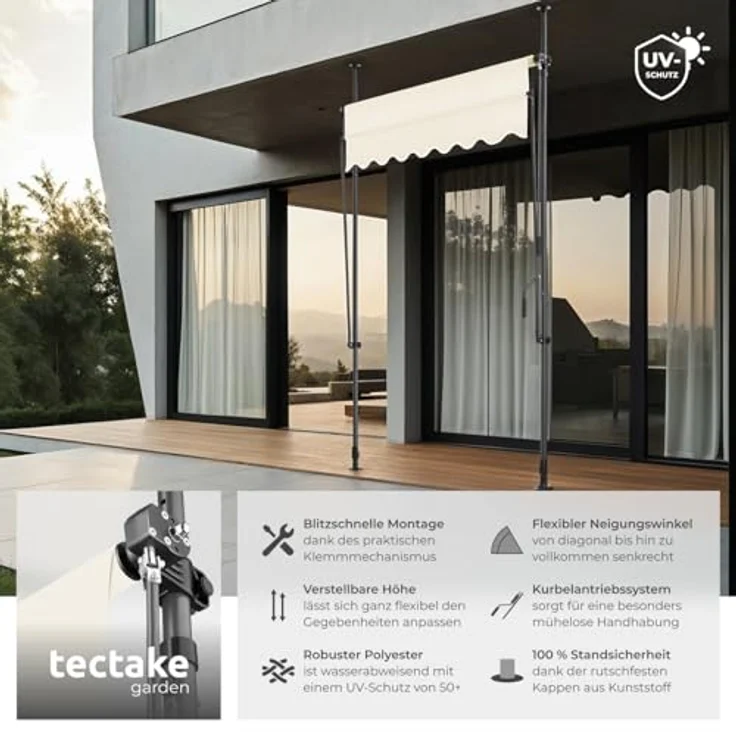 tectake® Klemmmarkise mit Handkurbel, Balkon Markise ohne Bohren, Markise höhenverstellbar, UV-beständig, wasserabweisend, Terrassenüberdachung, Sonnenschutz Terrasse & Balkon, Breite 150 cm - beige – Bild 3