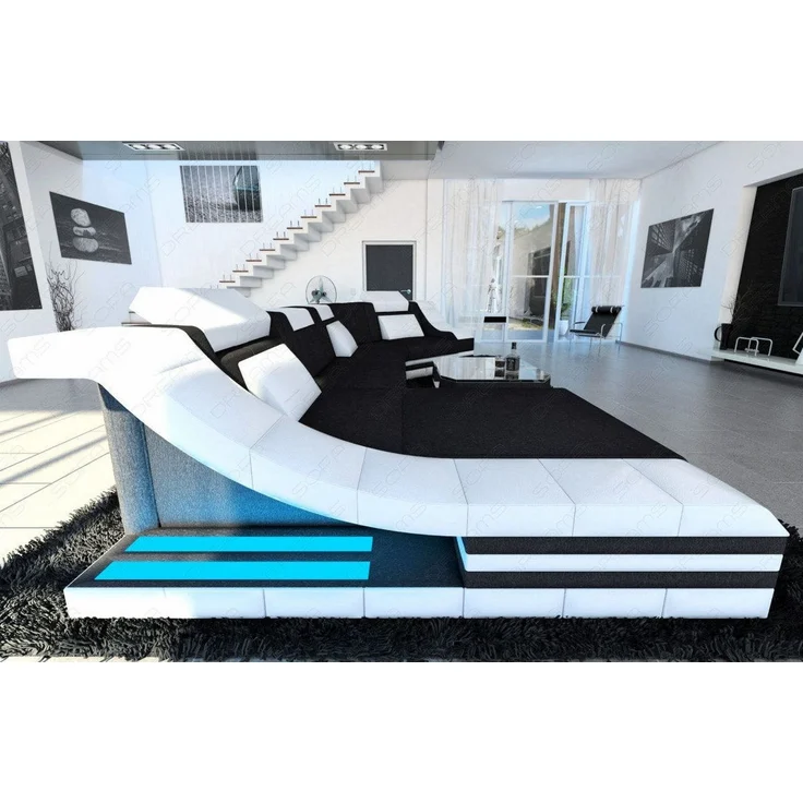 Polster Wohnlandschaft Turino C-Form mit LED - Mikrofaserstoff - Schwarz-Weiß - Links – Bild 2