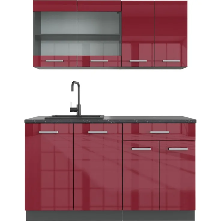 Singleküche R-Line Rot Hochglanz/Anthrazit 140 cm ohne Arbeitsplatte Vicco