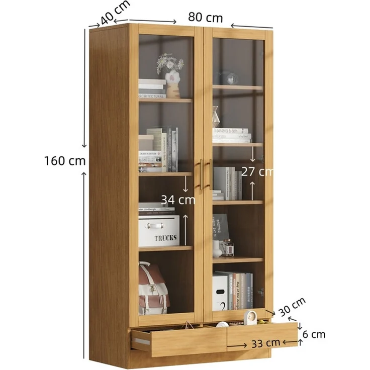 ZUBALIYA Aktenschränke, 80×40×160 cm, Versetzte, nicht verstellbare Fachböden, grifflose Push-To-Open-Schubladen, Natürlich – Bild 6