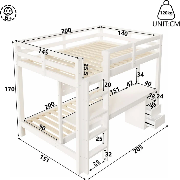 Merax Etagenbett, Hochbett, Kinderbett 90x200 cm & 140x200 cm, mit Schubladen und Schreibtisch, ausgestattet, inklusive LED-Lichtleiste, (Keine Stühle), Weiß – Bild 4