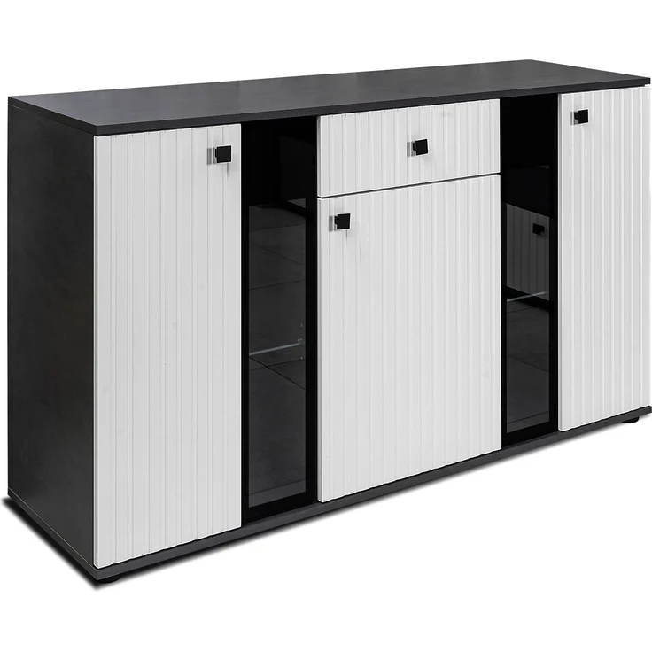 Kommode Salsa 2 Lamellenoptik Anbauwand Wohnwand Sideboard MDF Weiss matt + Grau – Bild 4