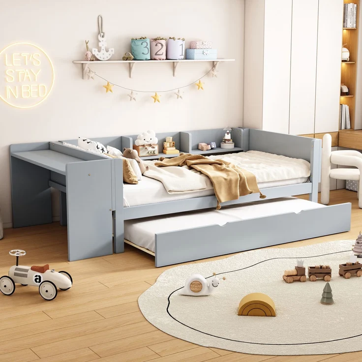 Kinderbett 90x200 cm mit ausziehbarem Rollbett, Schreibtisch & seitlichen Regalen, Funktionsbett aus Kiefernholz Grau – Bild 1