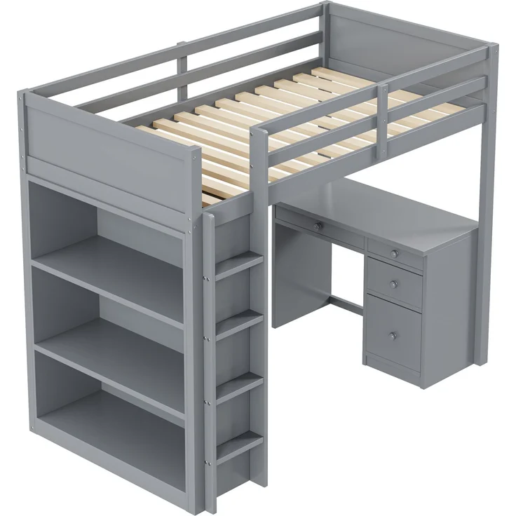 Hochbett 90x200 cm mit Aufbewahrung und Schreibtisch – modulares Massivholz-Design,Grau,platzsparend – Bild 7