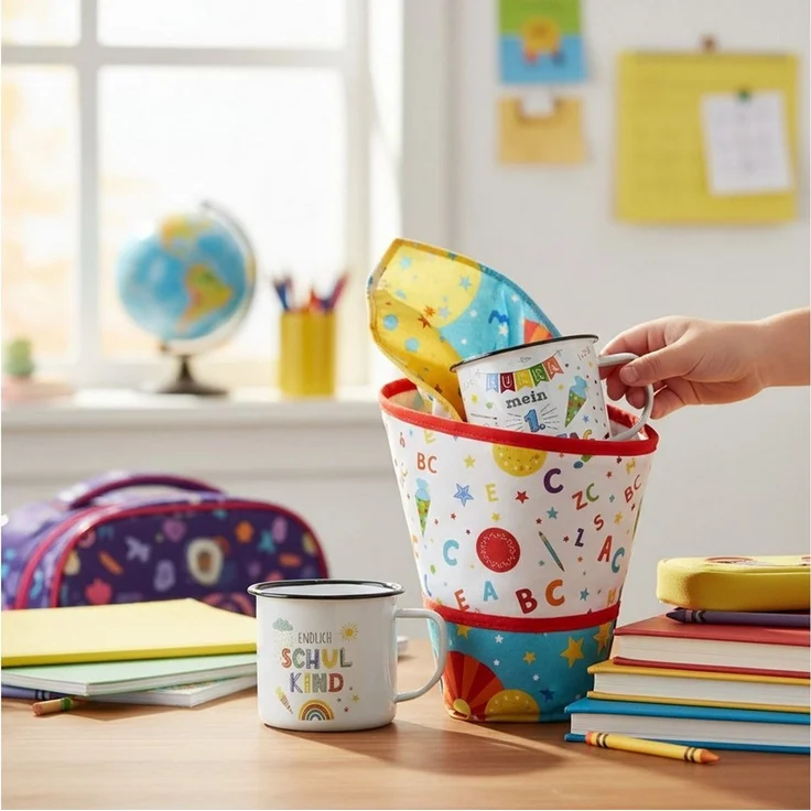 Macosa Home Becher 2er Set Kinderbecher Schulanfang Geschenkidee Trinkbecher Becher Set, 2-tlg, Metall, bunter Motivdruck Tassen Set Schulstart ABC – Bild 2