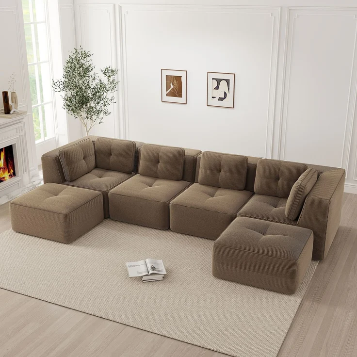 EINHOM Modulares Wohnzimmersofa ohne Gestell, modulares Ecksofa, U-förmiges Sofa mit Ottomane, tiefes Schlafsofa, rutschfestes Design, keine Montage erforderlich, braun – Bild 4