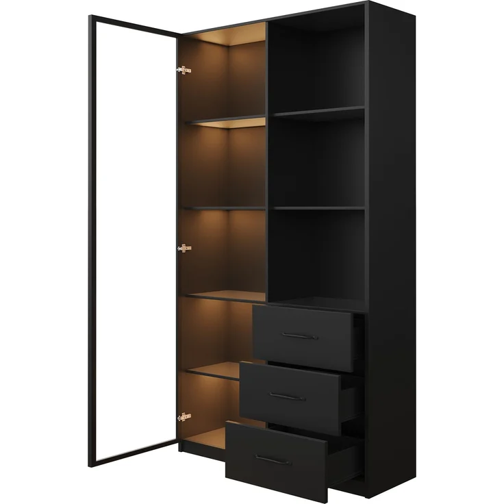 Vitrine 80x40x160 cm in Schwarz mit LED-Beleuchtung, Glastür und 3 Schubladen – Bild 5