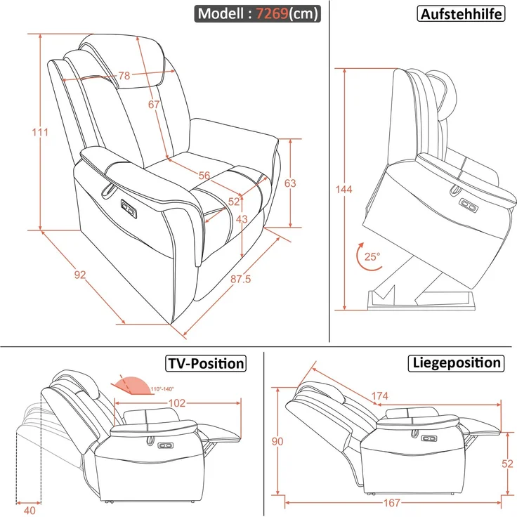 M MCombo Fernsehsessel mit Aufstehhilfe Elektrisch, 2 Rollen für Mobilität, Massage & Heizung, Verstellbare Kopfstütze, Sessel mit Aufstehhilfe 35D Vollschaum-Sitzkissen 7269 (Stoff, Beige) – Bild 3