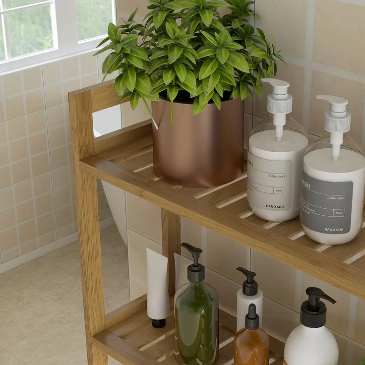 Toilettenregal 68 x 20 x 165 cm aus Bambus mit 3 offenen Ablagen und Kippschutz – Bild 7