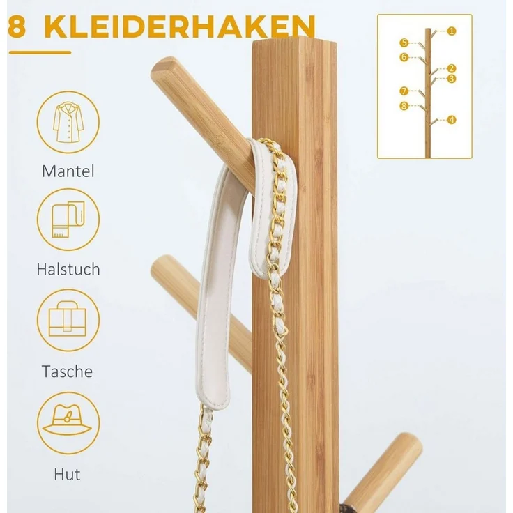 HOMCOM Kleiderständer Garderobe mit 8 Haken, (Jackenständer, 1 St, Garderobenständer), Naturholz 49,5 x 49,5 x 178 cm – Bild 3