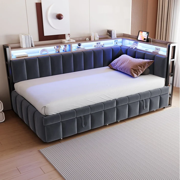 CHICFURN Polsterbett Schlafsofa aus Samt Dunkelgrau 90x200 cm mit Ausziehbett, LED-Beleuchtung und USB- und Type-C-Anschlüssen Grau – Bild 3