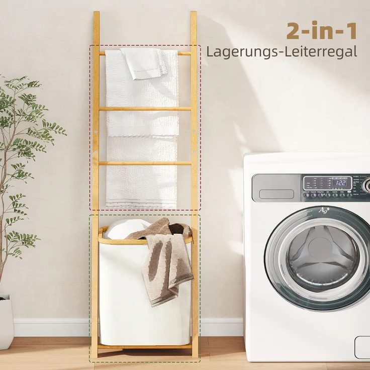 Badregal, 2-in-1 Badezimmerregal mit 3 Stangen, abnehmbarer 48L-Wäschekorb, Bambus, 43 x 35 x 133 cm, Cremeweiß--Cremeweiß--133x35x43cm--YOUDENOVA – Bild 6
