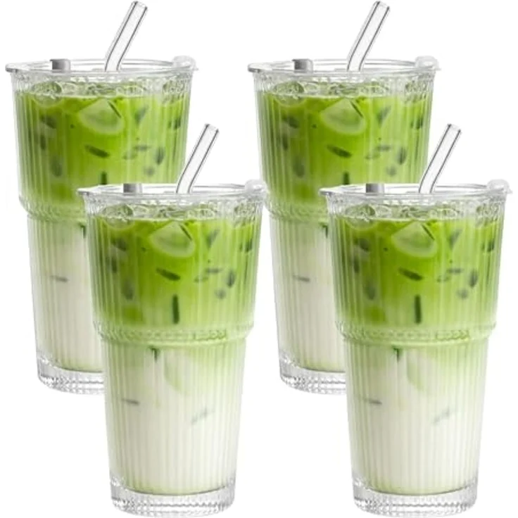 mixed24 Gläser-Set 4er Set Geriffelte Gläser 550ml mit Deckel inkl. Glashalm, ideal für Iced Matcha Latte, Latte Macchiato, Cocktails, Smoothies – Bild 2