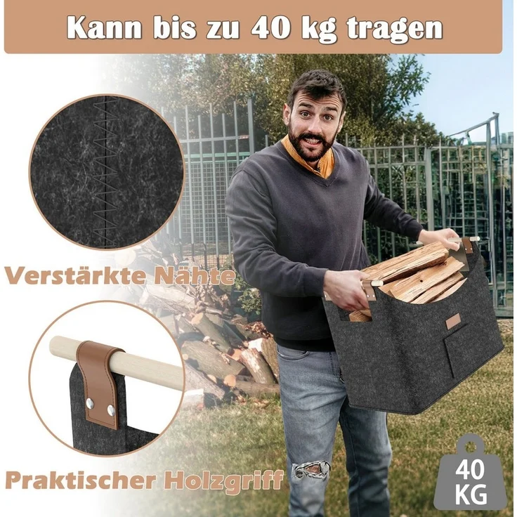 FIVMEN Kaminholzkorb 2-er Set XXL Faltbarer Brennholzkorb Filzkorb extra dicker Filz – Bild 3
