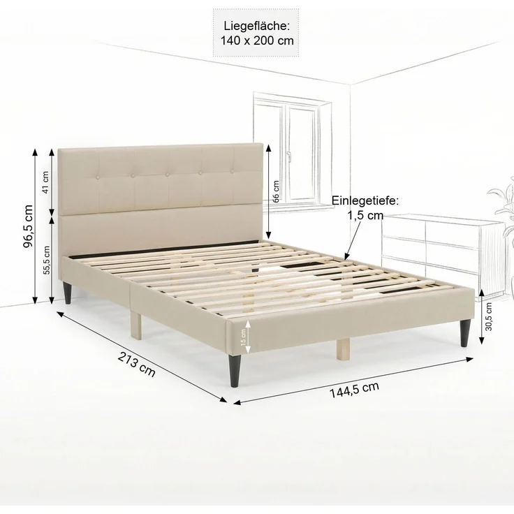Polsterbett 140x200 cm Beige Doppelbett mit Lattenrost Stoffbett Bett Bettgestell – Bild 3