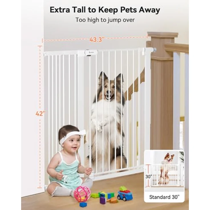 COMOMY 107 cm Extra Hoch Türschutzgitter, 75-110 cm Breit Treppenschutzgitter ohne Bohren, Türgitter für Baby, Kinder, Hund und Katze, Metall, Automatisches Schließen, 90°Stop (Weiß) – Bild 3