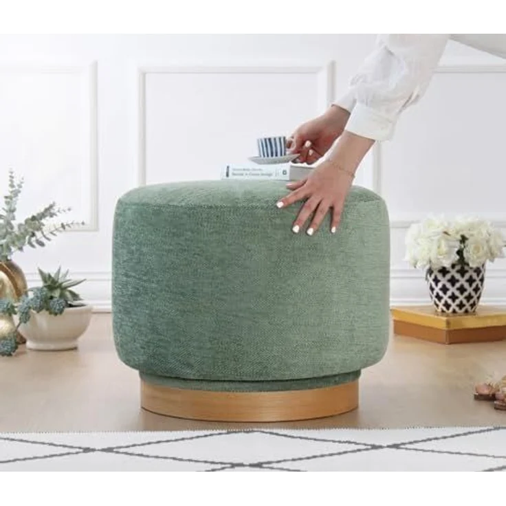 Stylish Green Pouffe, 100% Cotton, 360° Rotatable, Oak Wood Legs, 55 x 43 x 55 cm | Medium Hard Sponge (35 DNS) | Perfect for Modern Living Spaces – Bild 3