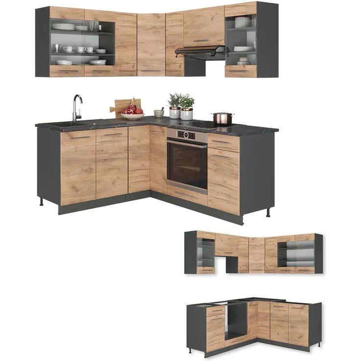 Eckküche Fame-Line Goldkraft Eiche/Anthrazit 190 x 160 cm ohne Arbeitsplatte Vicco – Bild 7