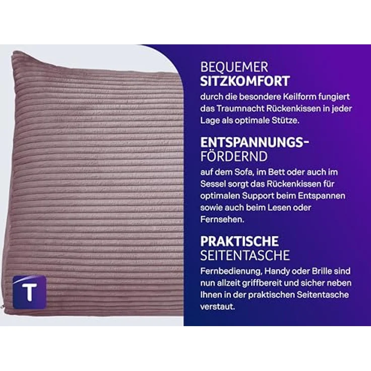 Traumnacht Cozy Rückenkissen, Lesekissen, 70x40 cm, rosa, Abnehmbarer,waschbarer Bezug aus gemütlichem Kord, praktisches Seitenfach, Öko-Tex Zertifiziert, produziert nach deutschem Qualitätsstandard – Bild 3