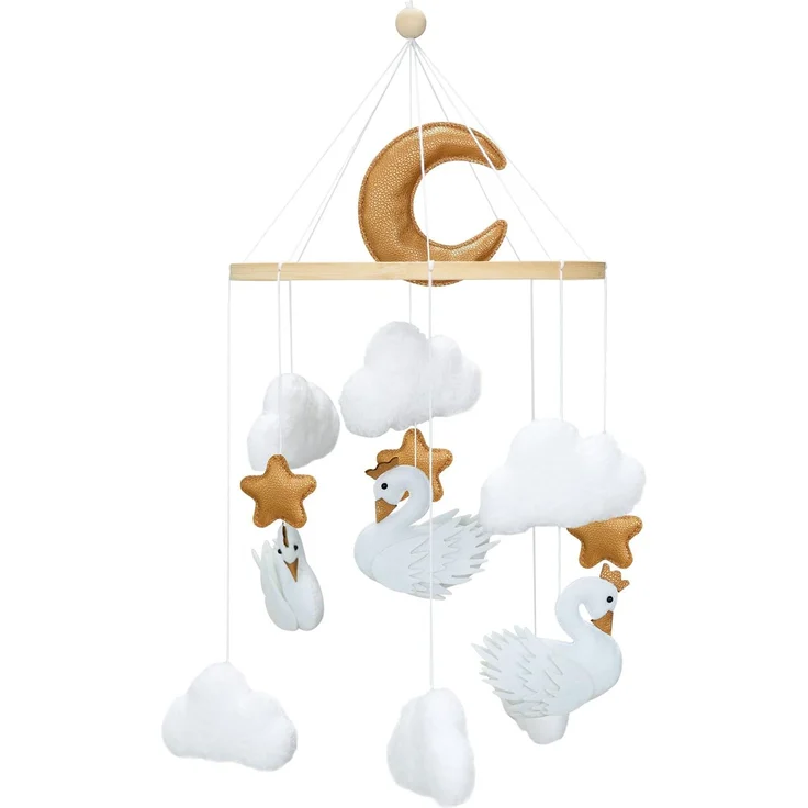 Weiß Schwan Mobile Baby Bettglocke mit Wolken Hölz Mädchen Hängende Mobile Windspiel für Babybett Kinderbett