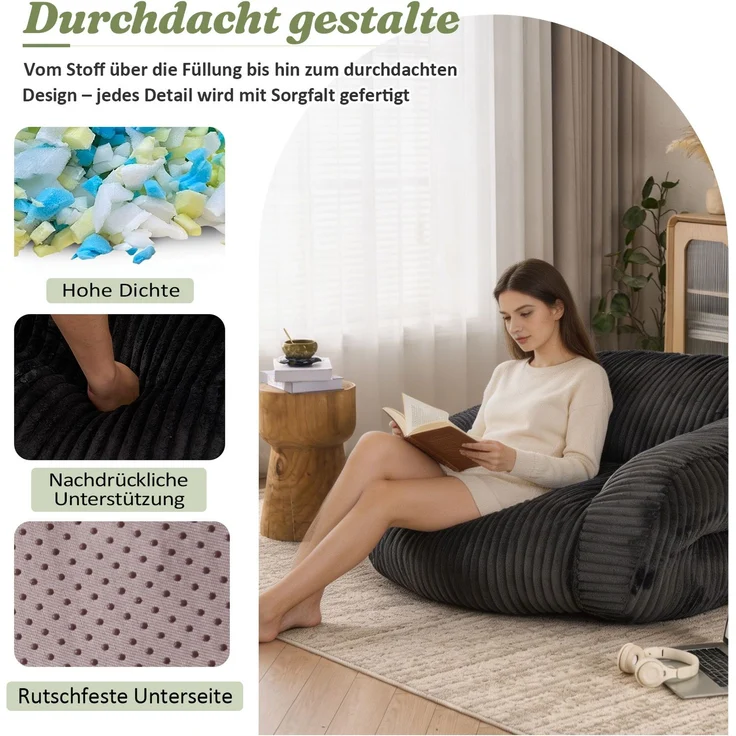 Sitzsack für Erwachsene, flauschiger Loungesessel Cord, vakuumverpackt und montagefrei, für Wohnzimmer, Schlafzimmer, Balkon(Dunkelgrau)--Dunkelgrau--116x110x61cm--YOUDENOVA – Bild 4