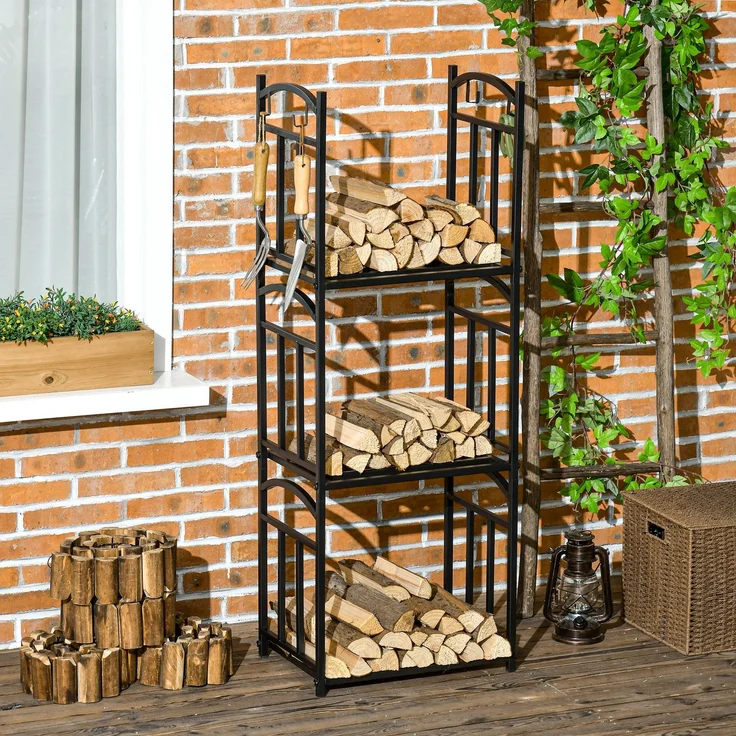 Outsunny Kaminholzregal, Metall, Schwarz, 46L x 32B x 126H cm – Bild 8