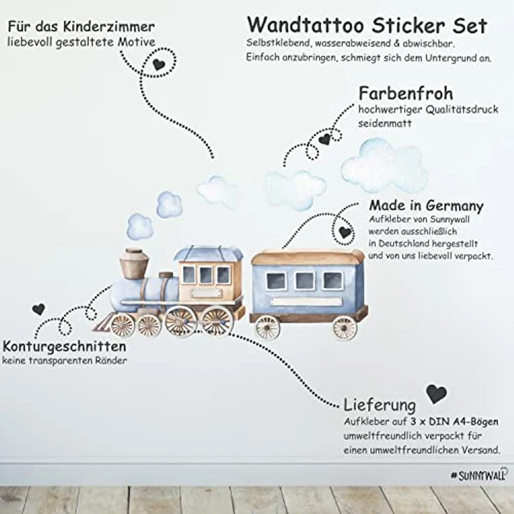 Sunnywall Wandtattoo Zug blau Wandsticker Wandtattoo (3 St), konturgeschnitten – Bild 3