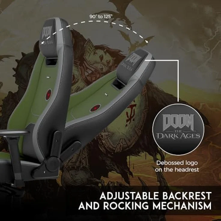 noblechairs LEGEND Gaming Stuhl - DOOM: The Dark Ages Edition, schwarzer Kunstlederbezug mit grünen Akzenten, Kaltschaumpolsterung, bis 150 kg belastbar, ergonomisch verstellbar – Bild 5