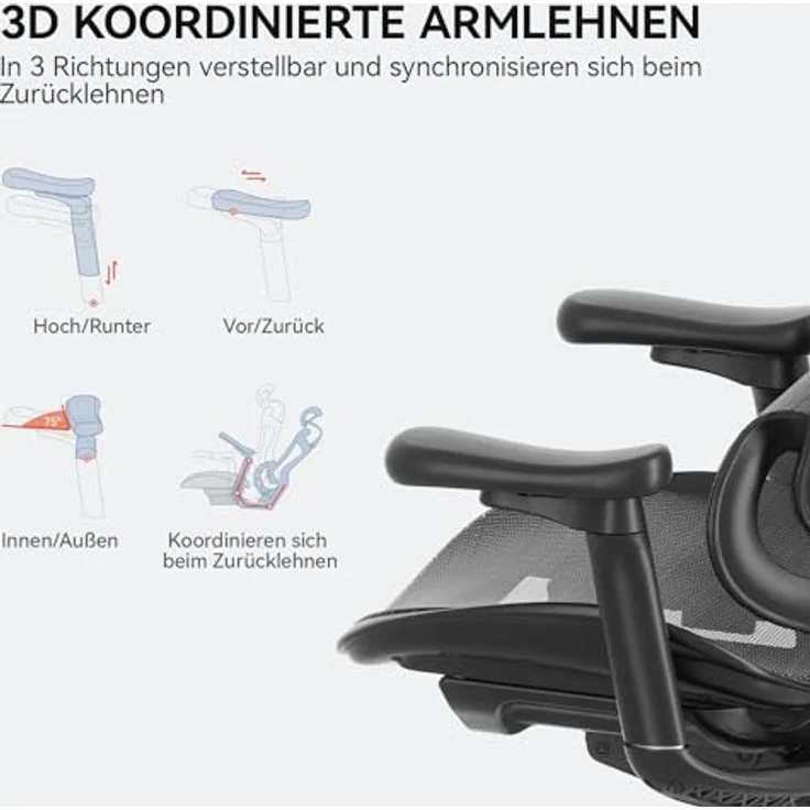 SIHOO Doro C300 Ergonomischer Bürostuhl mit ultraweichen 3D-Armlehnen, dynamischer Lordosenstütze, Verstellbarer Rückenlehne (Schwarz) – Bild 8