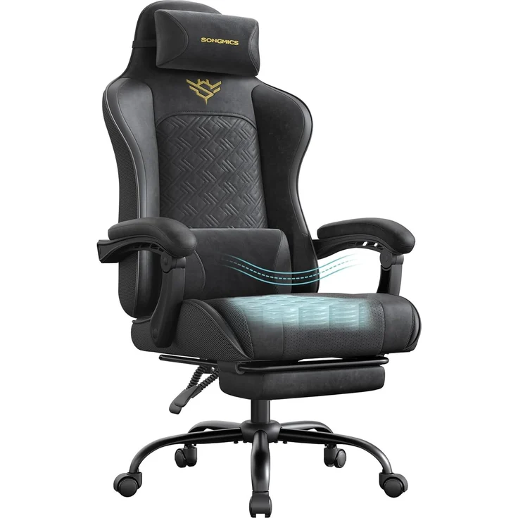 SONGMICS Gaming-Stuhl, Bürostuhl, Schreibtischstuhl, ergonomischer Gaming-Sessel, Sitzkissen mit Federn, Fußstütze, Armlehnen mit Synchronmechanik, tintenschwarz – Bild 3
