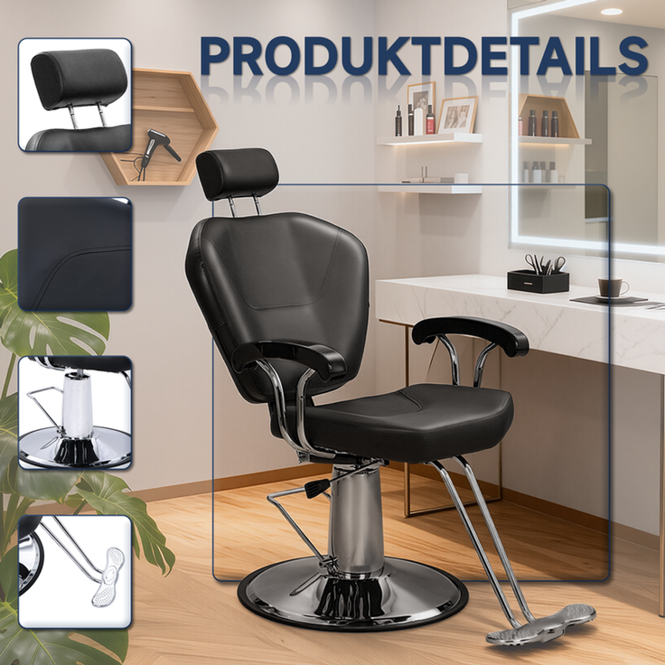 HOME NATURE WOHNKONZEPT Friseurstuhl hydraulisch, Barberstuhl höhenverstellbar, 360° drehbar, mit verstellbarer Kopfstütze, Kunstleder, Schwarz – Bild 5