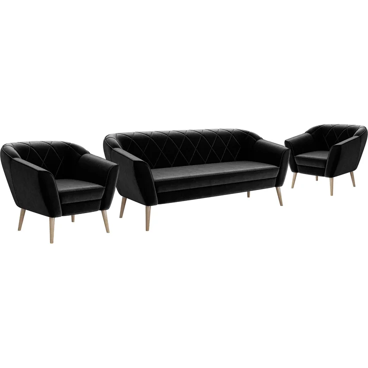 MEBLINI Sofa-Set GISELA 3+1+1 - Schwarz Samt - für Wohnzimmer - Mini Lounge für fünf Personen - Küchensofa - Sofa Klein - Sitzgarnitur - Polstergarnitur - Sofagarnituren – Bild 1