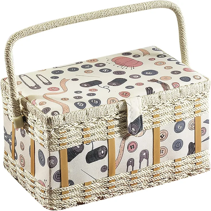Kobolo Nähkorb Nähkästchen rechteckig Knopfmuster - Textileinsatz (in Naturtönen)