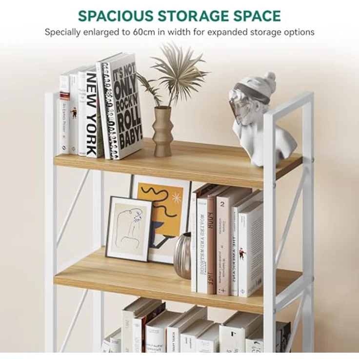 YITAHOME Bücherregal mit 5 Ebenen，Industrielles Standregal Aufbewahrungsregale für Wohnzimmer Bücher Schlafzimmer Büro Küche Zeitschriften, Weiß und Holzfarbe – Bild 5