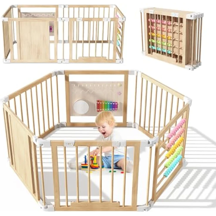 Laufstall Baby Holz mit Spielcenter – 160x80x61cm Verstellbare Größe & Form Laufgitter, Faltbarer Laufstall aus Holz, Spielzaun mit Tor für Babys und Kleinkinder(6 Stück) – Bild 2