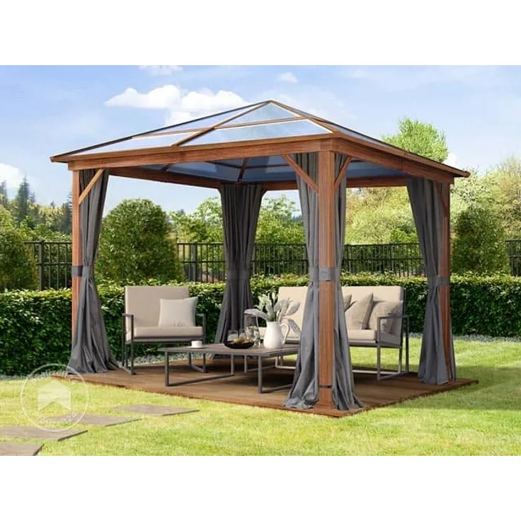 Gartenpavillon 3x3 m Holzoptik, ca 8 mm Polycarboat-Dach, 4 Seitenteile in grau