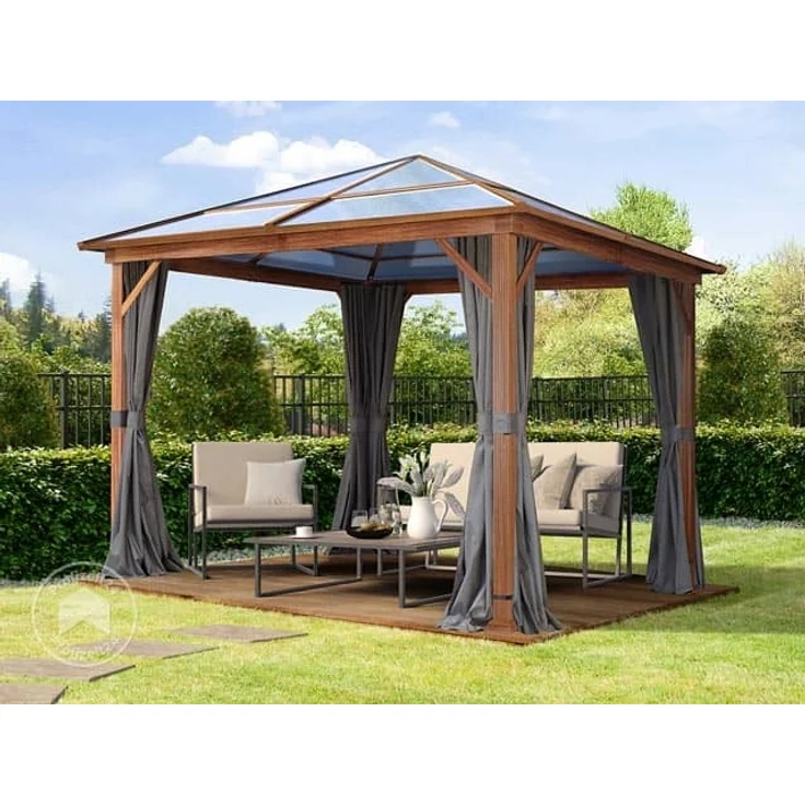 Gartenpavillon 3x3 m Holzoptik, ca 8 mm Polycarboat-Dach, 4 Seitenteile in grau – Bild 1
