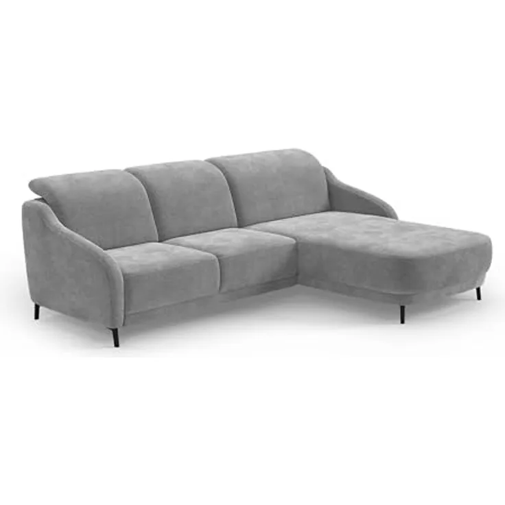 CAVADORE Ecksofa Blue/Moderne Eckcouch mit Longchair, inklusiv Kopfteilverstellung und mattschwarzen Metallfüßen / 271 x 93 x 191 / Mikrofaser, Mittelgrau
