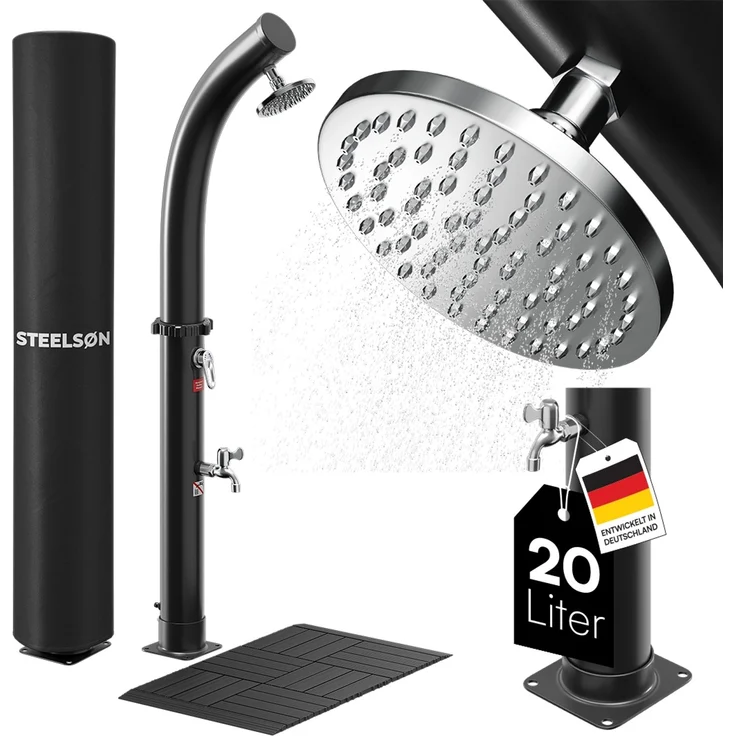 STEELSØN 'Selara' Solardusche 20 Liter, schwarz, warmes Wasser bis 60°C, Gartendusche mit schwankendem Regenduschkopf und Wasserhahn, Outdoor Dusche inkl. Schutzhaube und Kunststoffboden – Bild 1
